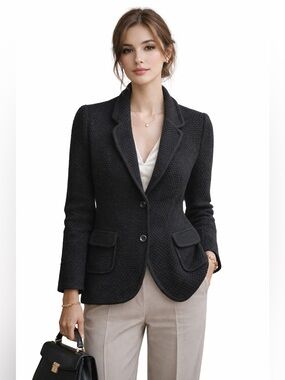 J McLaughlin Black Knit Sweater Blazer L Textured Quiet Luxury Jacket